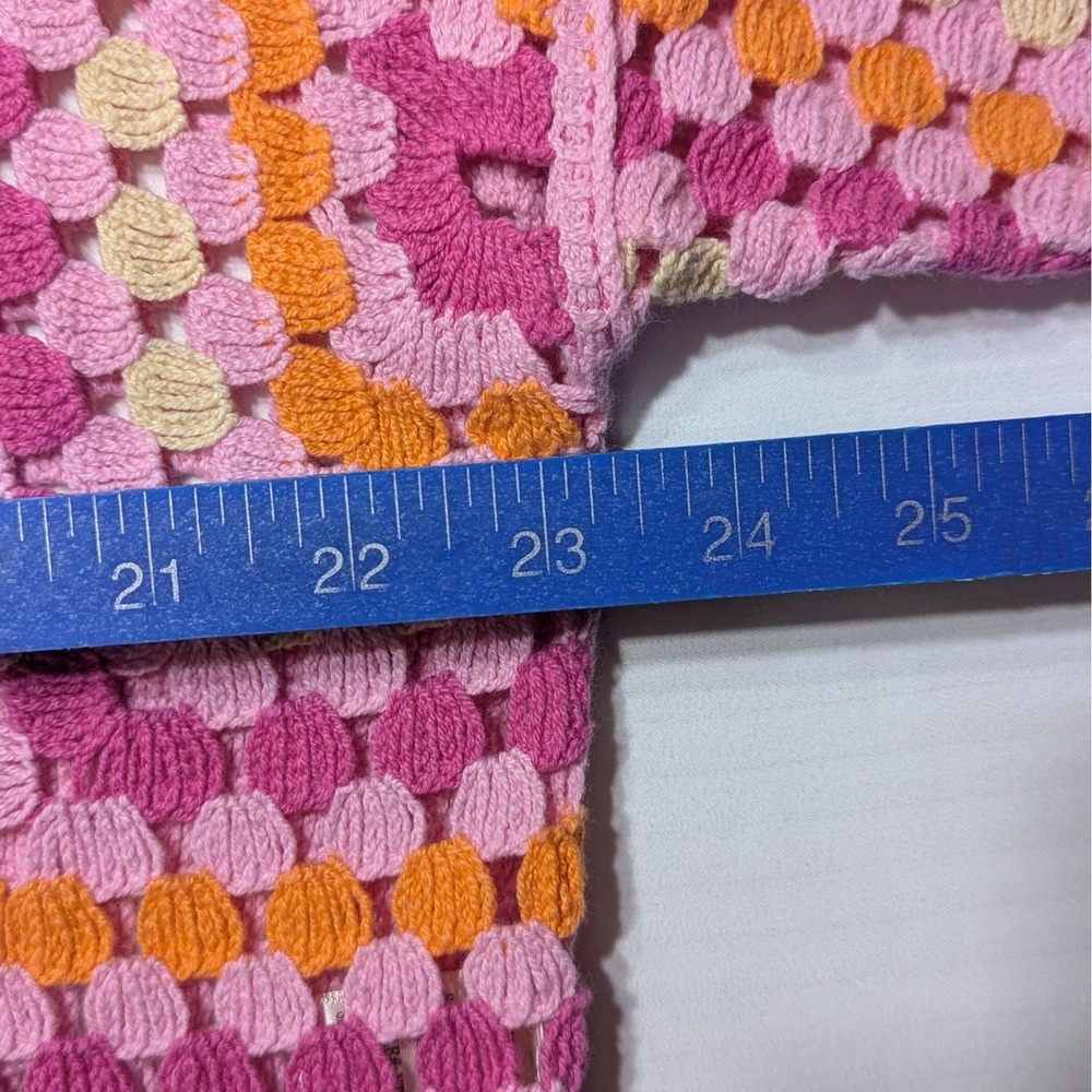Crochet Open Stitch Pink Patchwork Boho Button Front Polo Cardigan Top M L - Picture 7 of 8